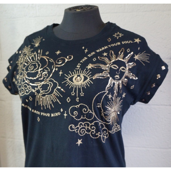 Johnny Was Relaxed Sequin Top Warm Your Soul Sz M-shirt Black Gold Embroided - Picture 9 of 11